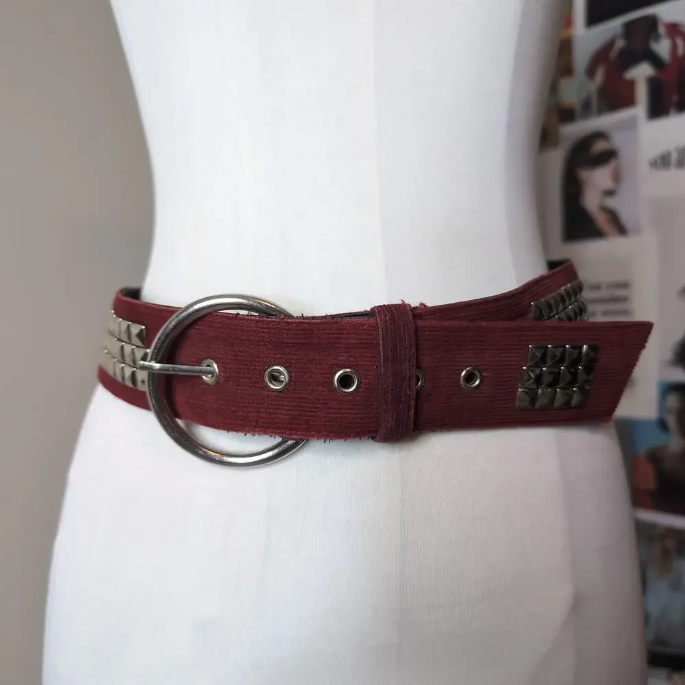 Studded Corduroy Belt With Round Buckle